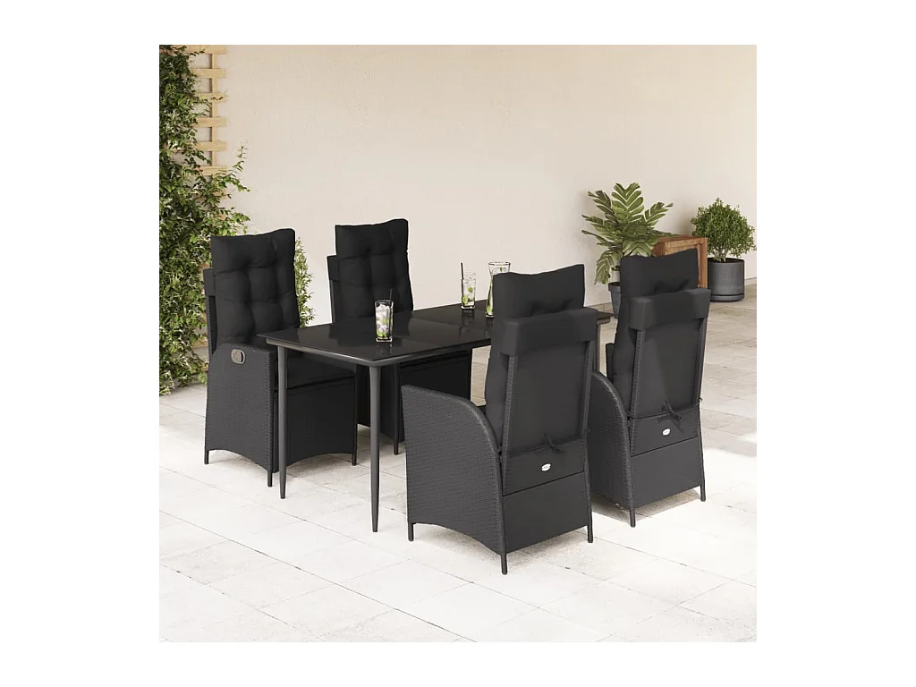 5-tlg. Garten-Essgruppe mit Kissen Schwarz Poly Rattan