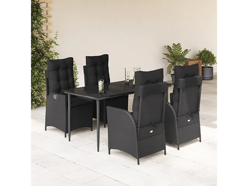 5-tlg. Garten-Essgruppe mit Kissen Schwarz Poly Rattan