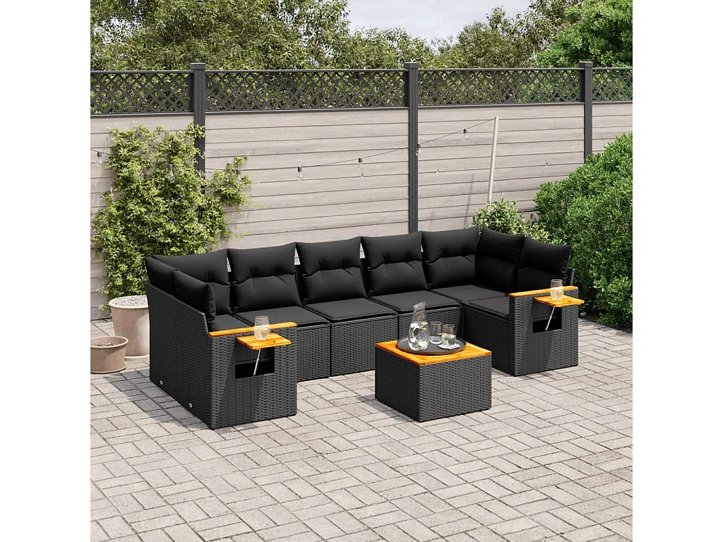Set Divani da Giardino con Cuscini 8 pz Nero in Polyrattan