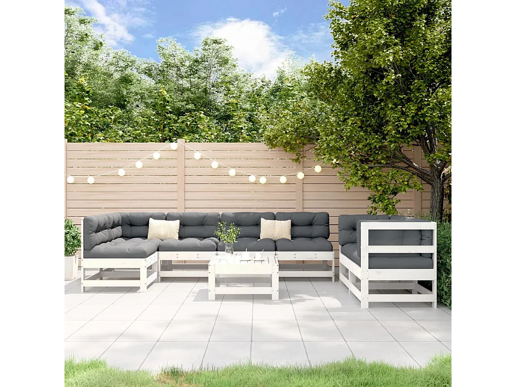 Salon de jardin 8 pcs Blanc Bois de pin massif