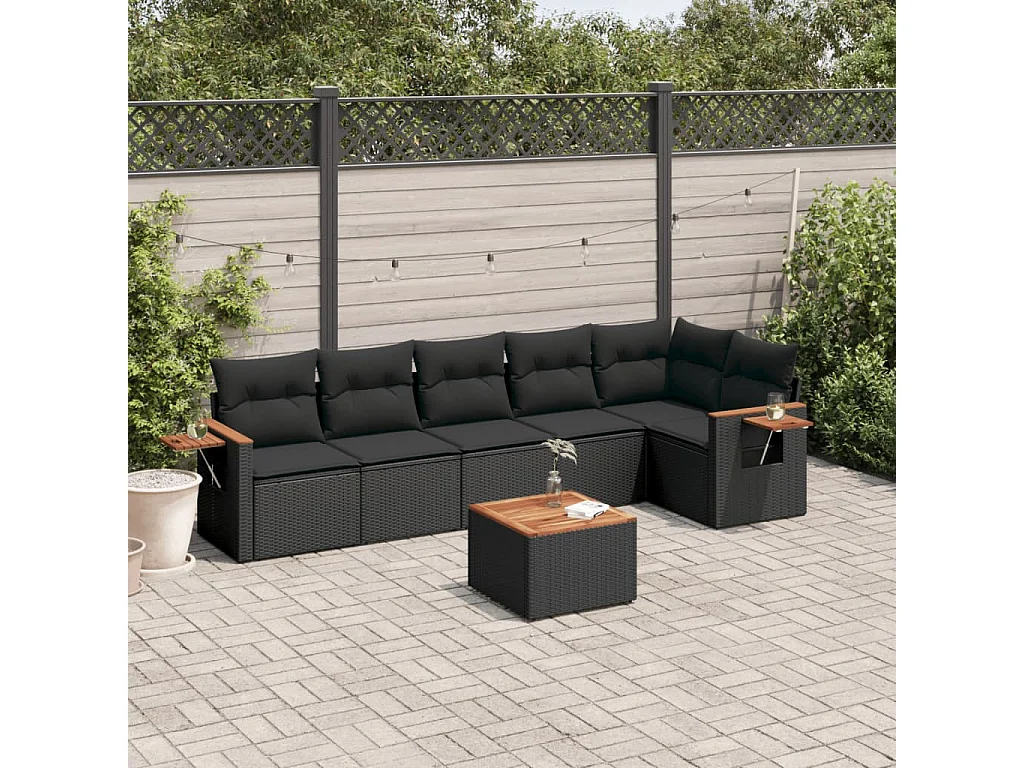 Set Divani da Giardino con Cuscini 7pz Nero Polyrattan