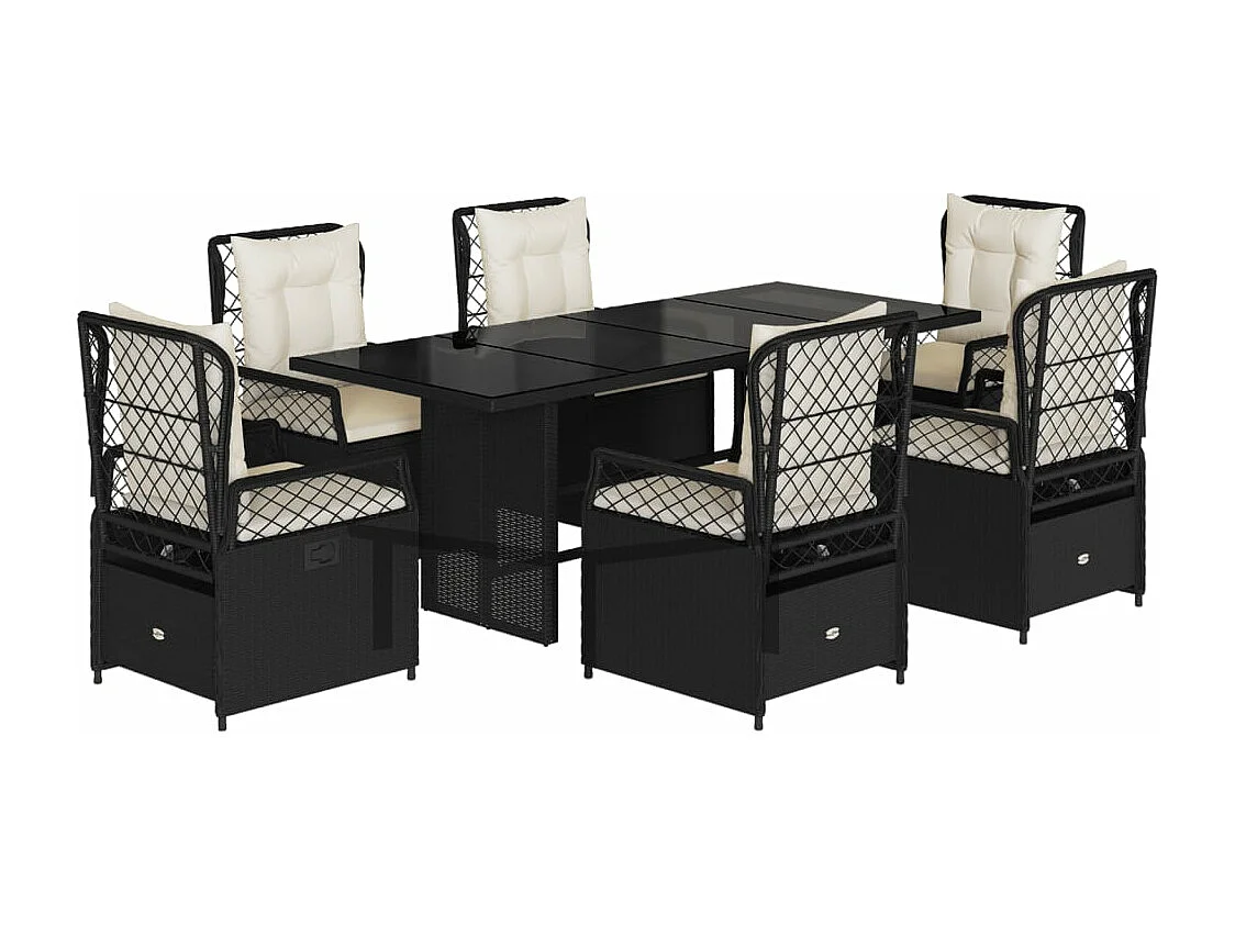 Ensemble à manger de jardin coussins 7pcs Noir Résine tressée