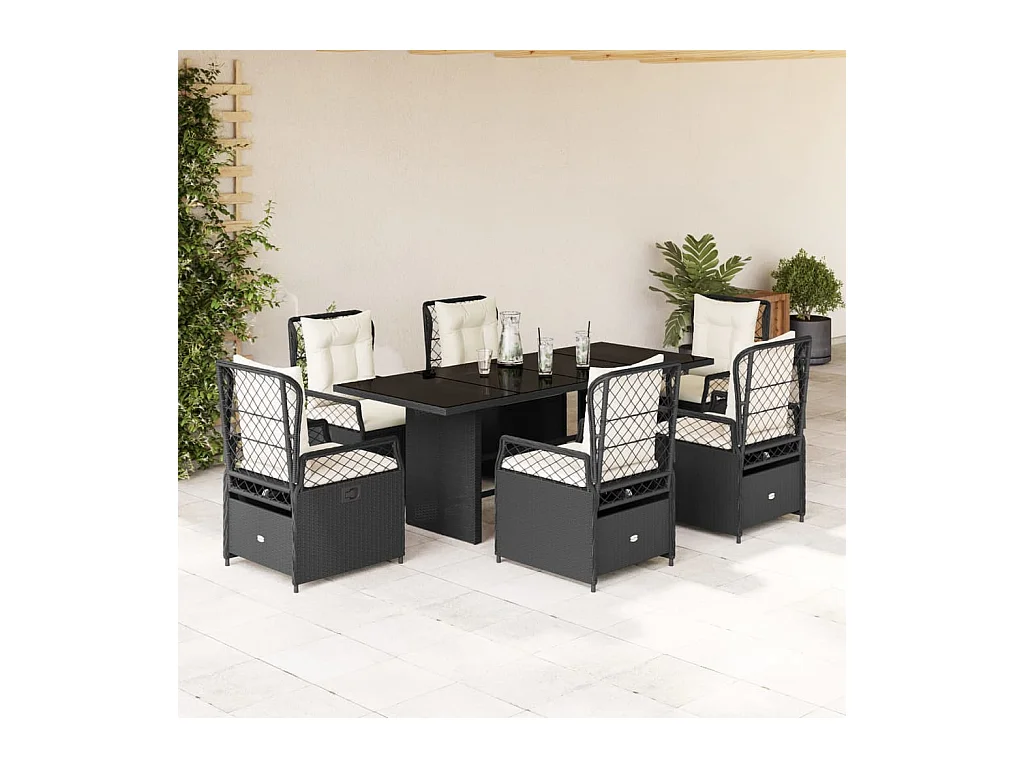 7-tlg. Garten-Essgruppe mit Kissen Schwarz Poly Rattan