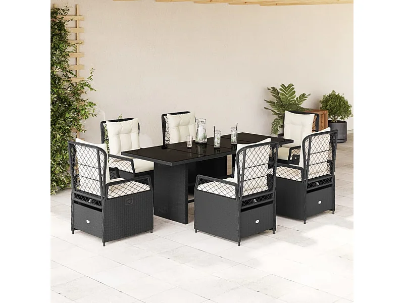 Set da Pranzo da Giardino 7 pz Nero con Cuscini in Polyrattan
