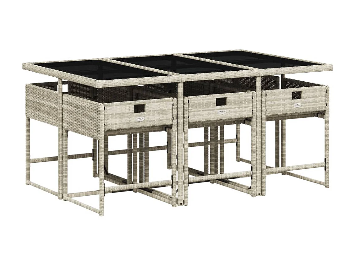 7 pcs conj. jantar p/ jardim c/ almofadões vime PE cinza-claro