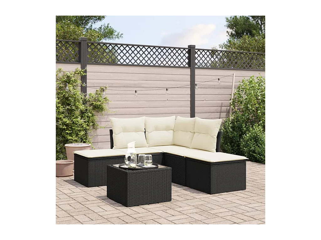 6-delige Loungeset met kussens poly rattan zwart
