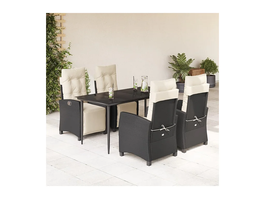 Set da Pranzo da Giardino 5 pz Nero con Cuscini in Polyrattan
