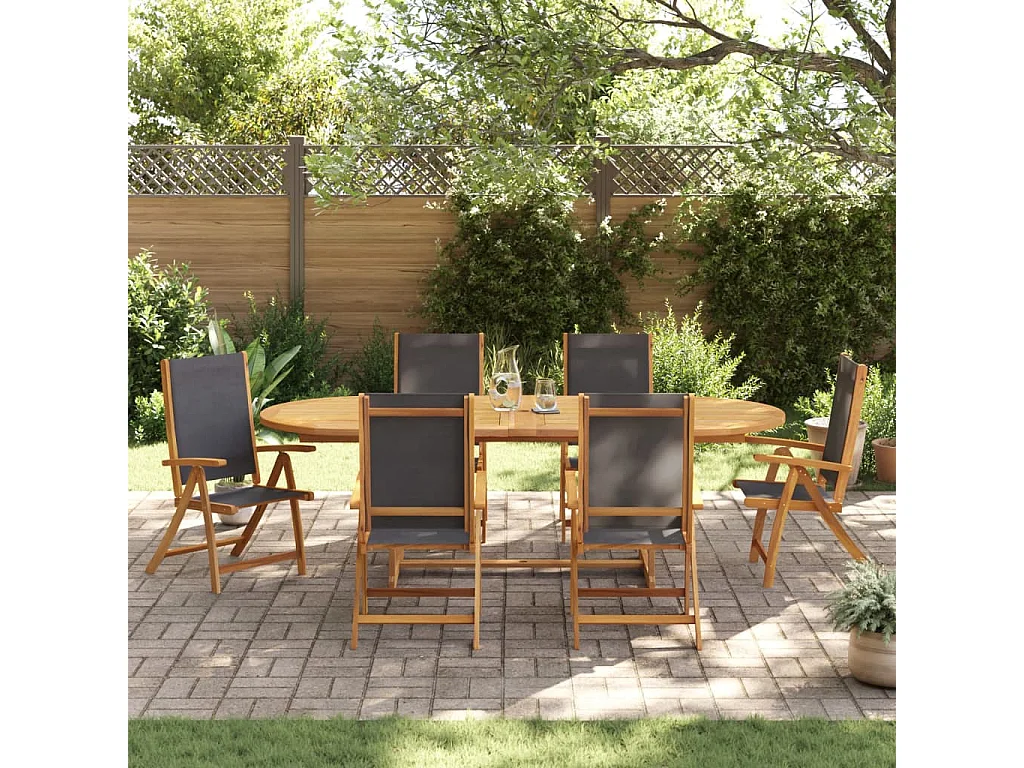7 pcs conjunto de jantar para jardim acácia maciça e textilene
