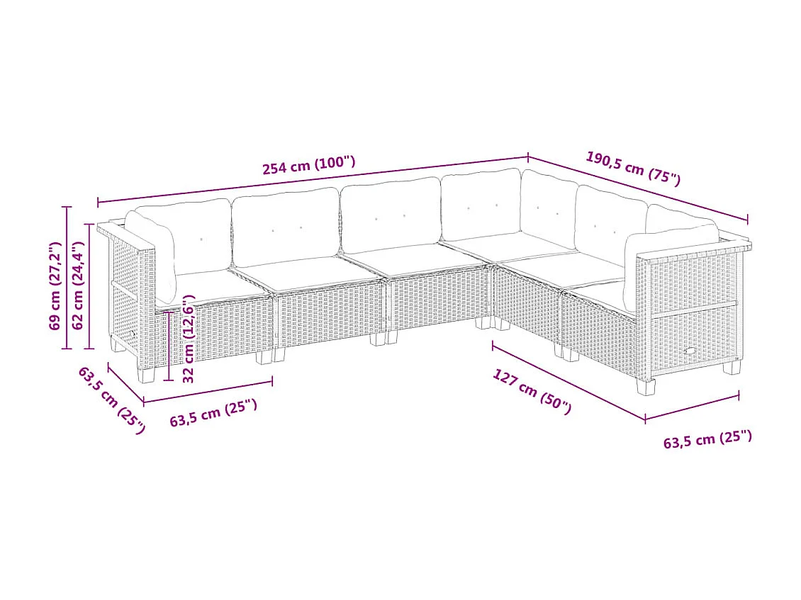 6-tlg. Garten-Sofagarnitur mit Kissen Grau Poly Rattan