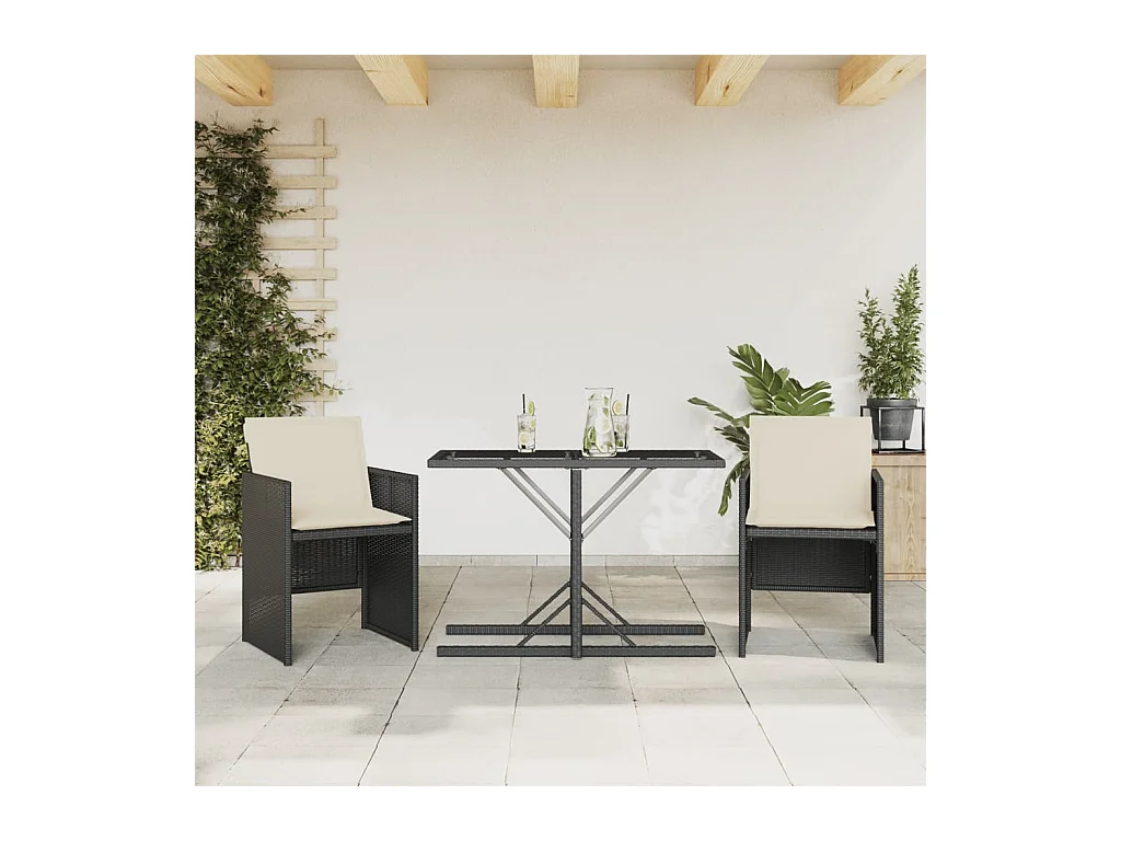 3 pcs conjunto de bistrô com almofadões vime PE preto