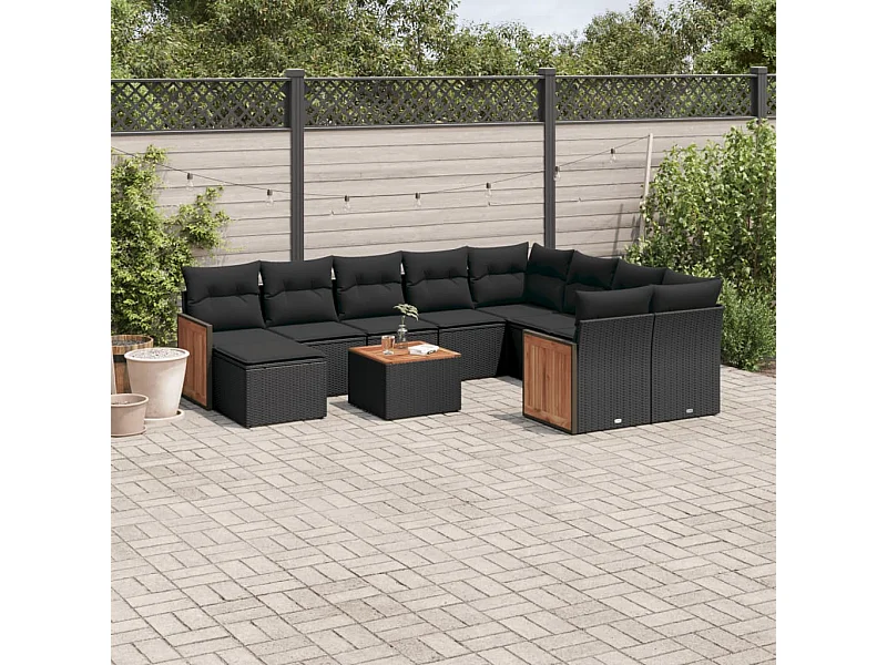 Salon de jardin 11 pcs avec coussins noir résine tressée