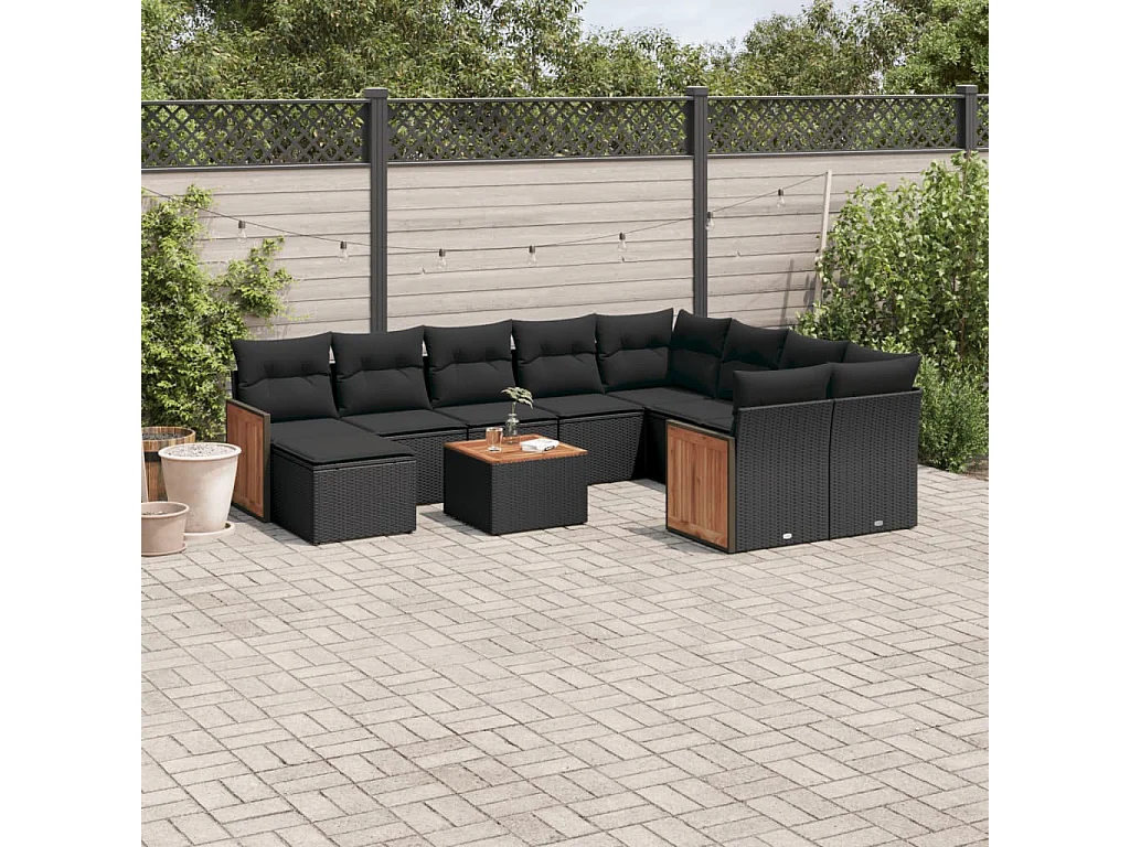 Salon de jardin 11 pcs avec coussins noir résine tressée