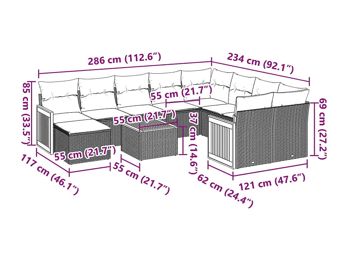 Salon de jardin 11 pcs avec coussins noir résine tressée
