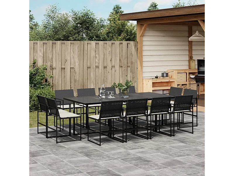 Set comedor de jardín con cojines 13 pzas ratán sintético negro