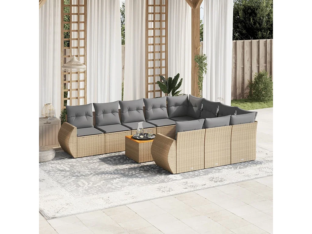 Salon de jardin 11 pcs avec coussins beige résine tressée