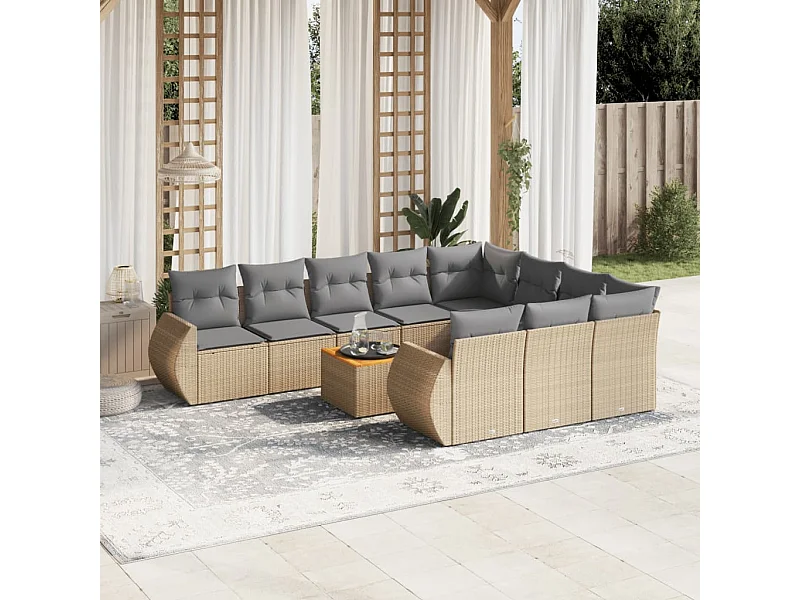 11-tlg. Garten-Sofagarnitur mit Kissen Beige Poly Rattan