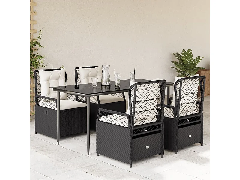 Set da Pranzo da Giardino 5 pz Nero con Cuscini in Polyrattan