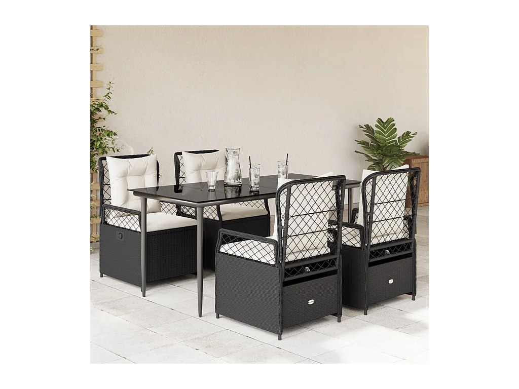 5-delige Tuinset met kussens poly rattan zwart