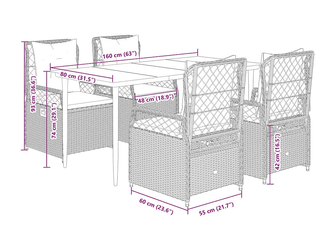 5-tlg. Garten-Essgruppe mit Kissen Schwarz Poly Rattan