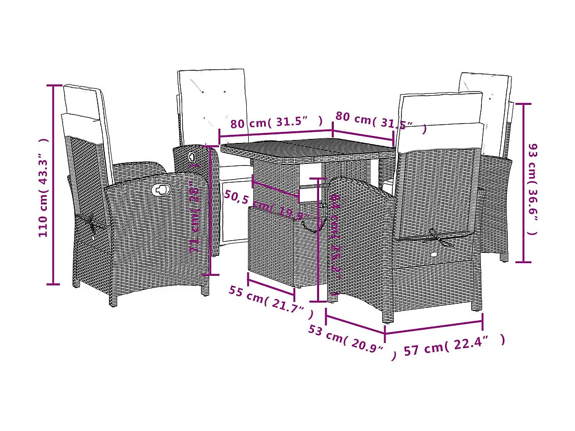 Set da Pranzo da Giardino 5 pz con Cuscini in Polyrattan Grigio