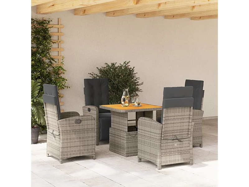 Set comedor de jardín 5 piezas con cojines ratán sintético gris