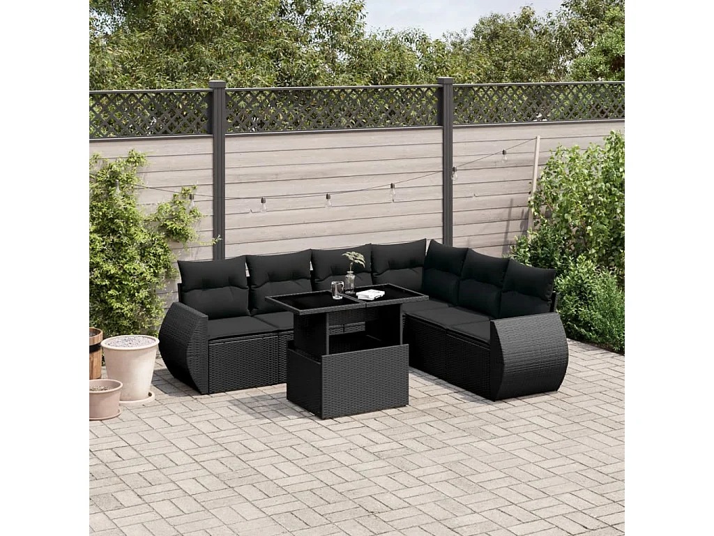 7-delige Loungeset met kussens poly rattan zwart