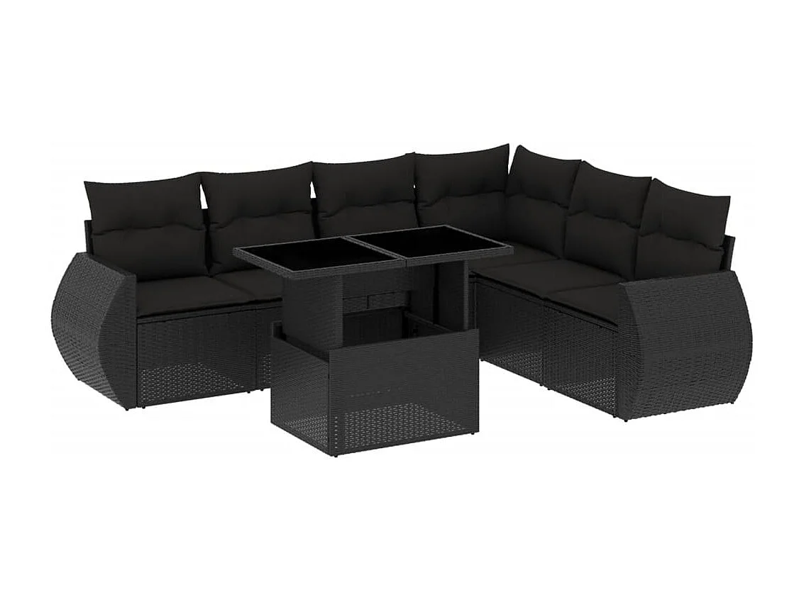 7-delige Loungeset met kussens poly rattan zwart