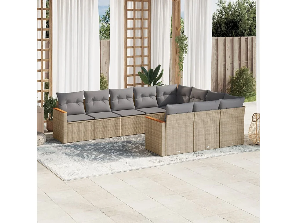10-delige Loungeset met kussens poly rattan beige