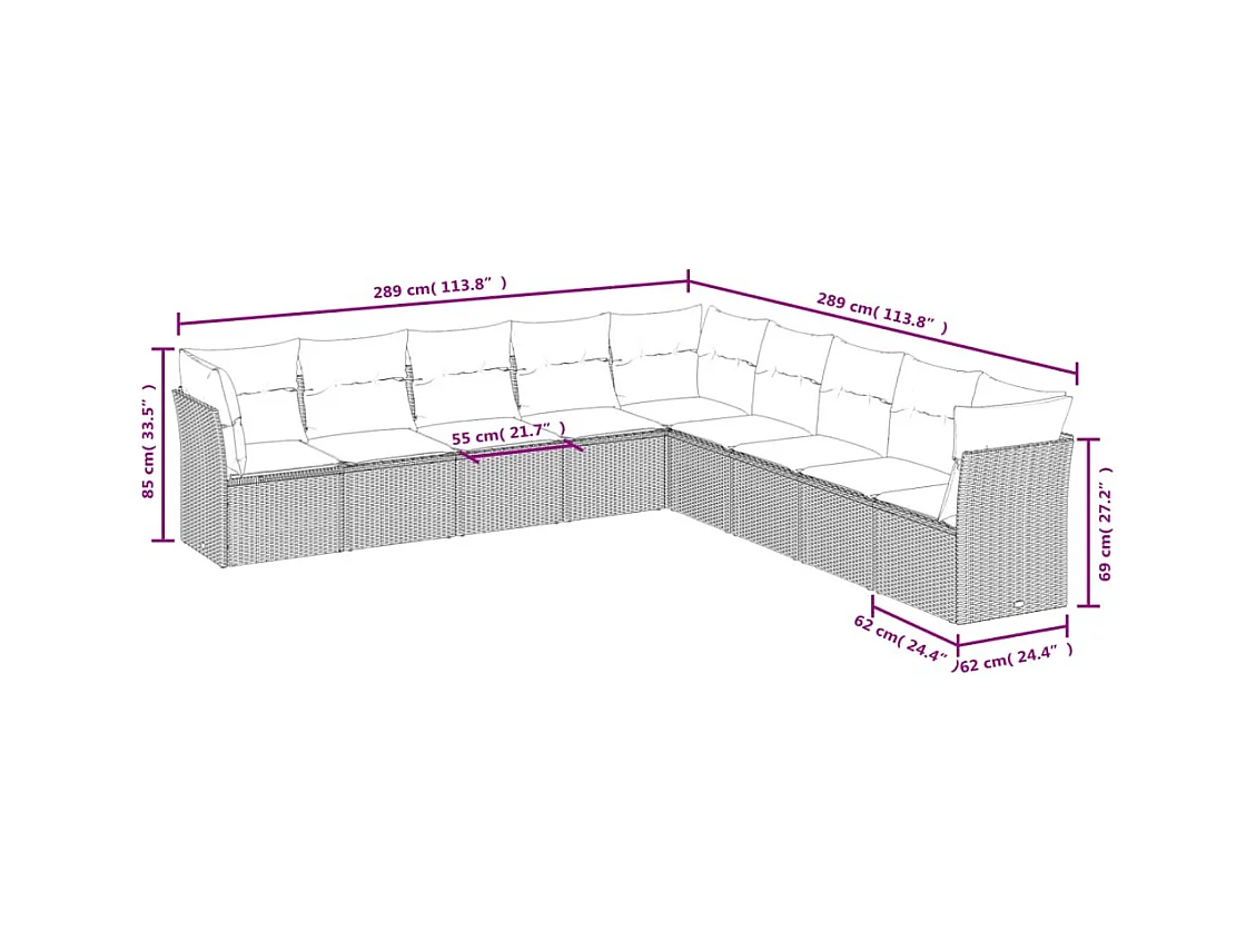 9-tlg. Garten-Sofagarnitur mit Kissen Beige Poly Rattan