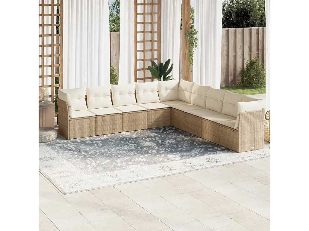 Set Divano da Giardino 9 pz con Cuscini Beige in Polyrattan