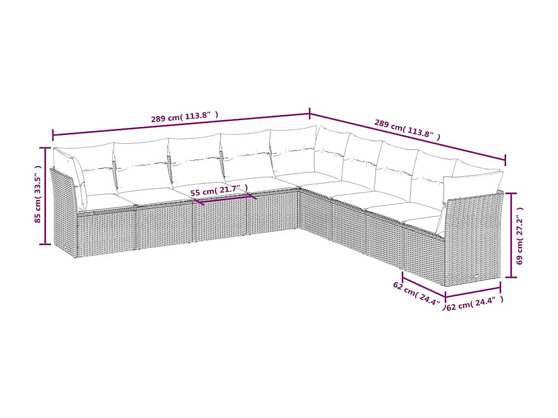 Set Divano da Giardino 9 pz con Cuscini Beige in Polyrattan