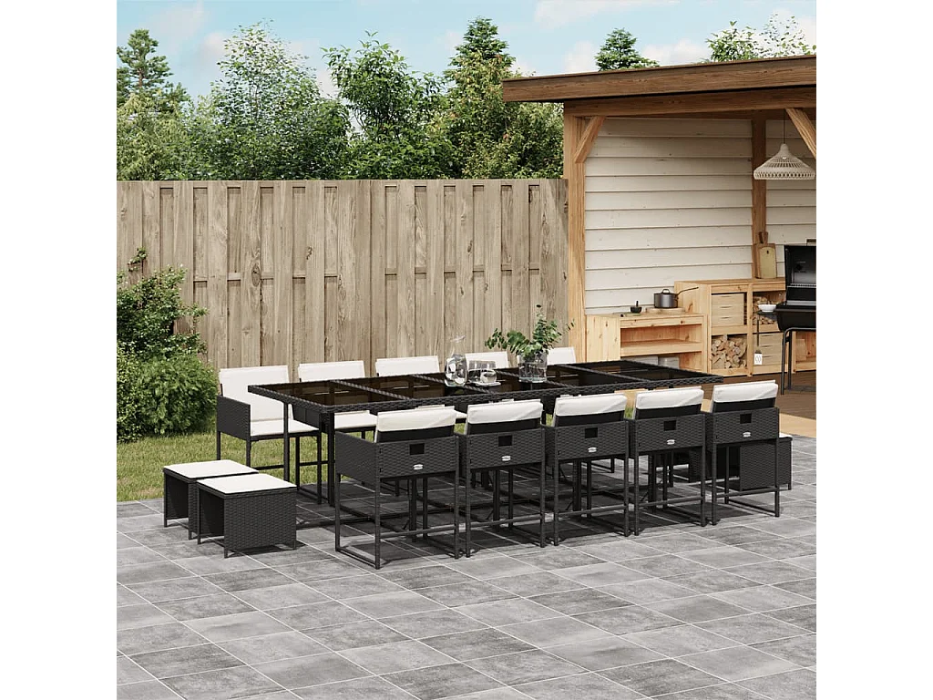 Set comedor de jardín con cojines 15 pzas ratán sintético negro