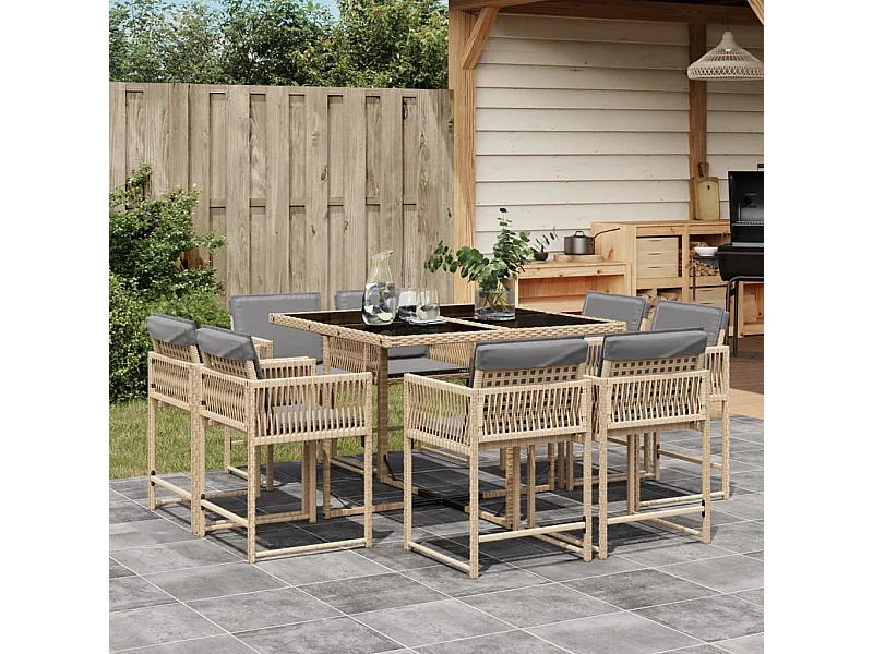 9-delige Tuinset met kussens poly rattan gemengd beige