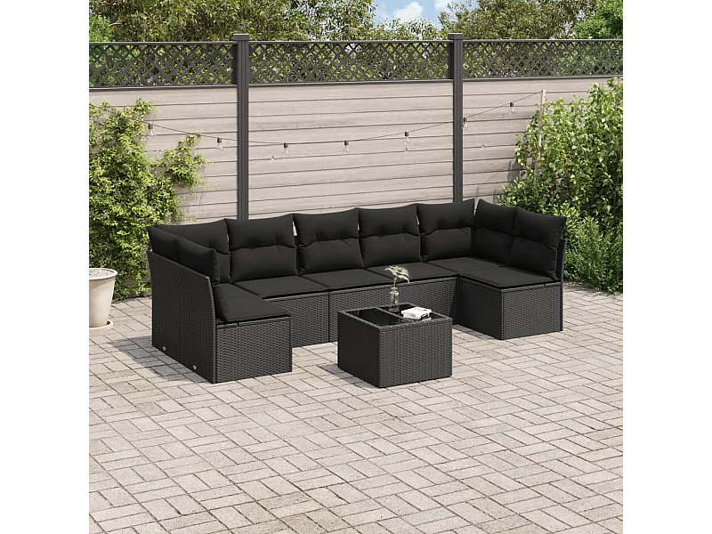 Salon de jardin 8 pcs avec coussins noir résine tressée