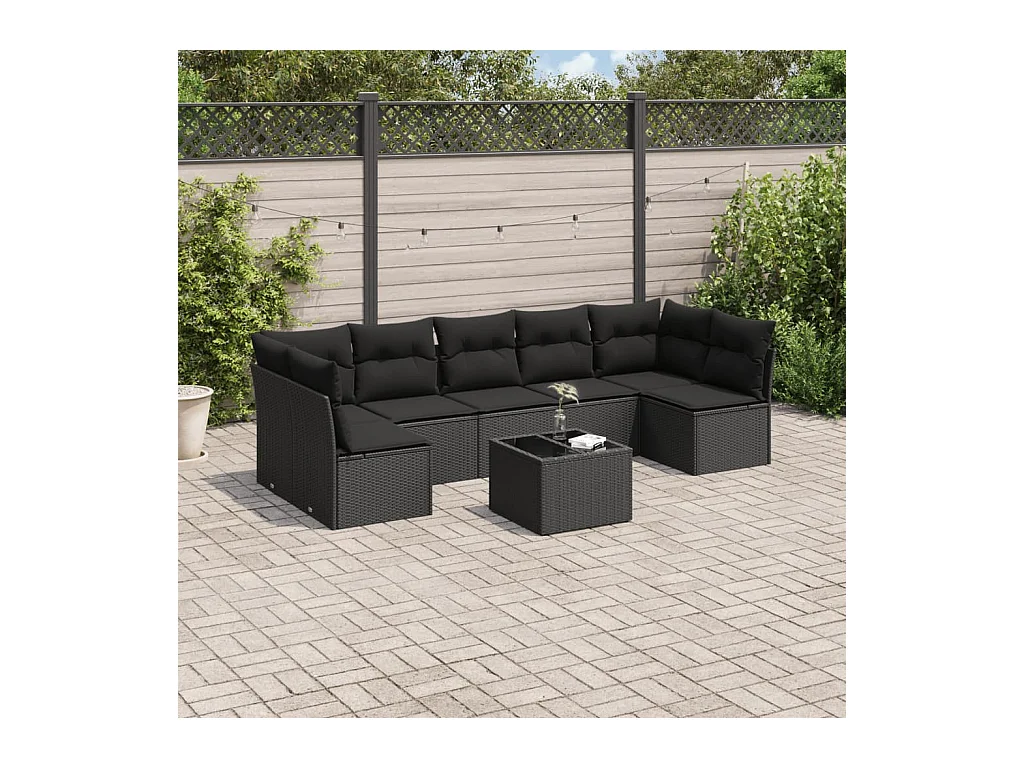 Salon de jardin 8 pcs avec coussins noir résine tressée