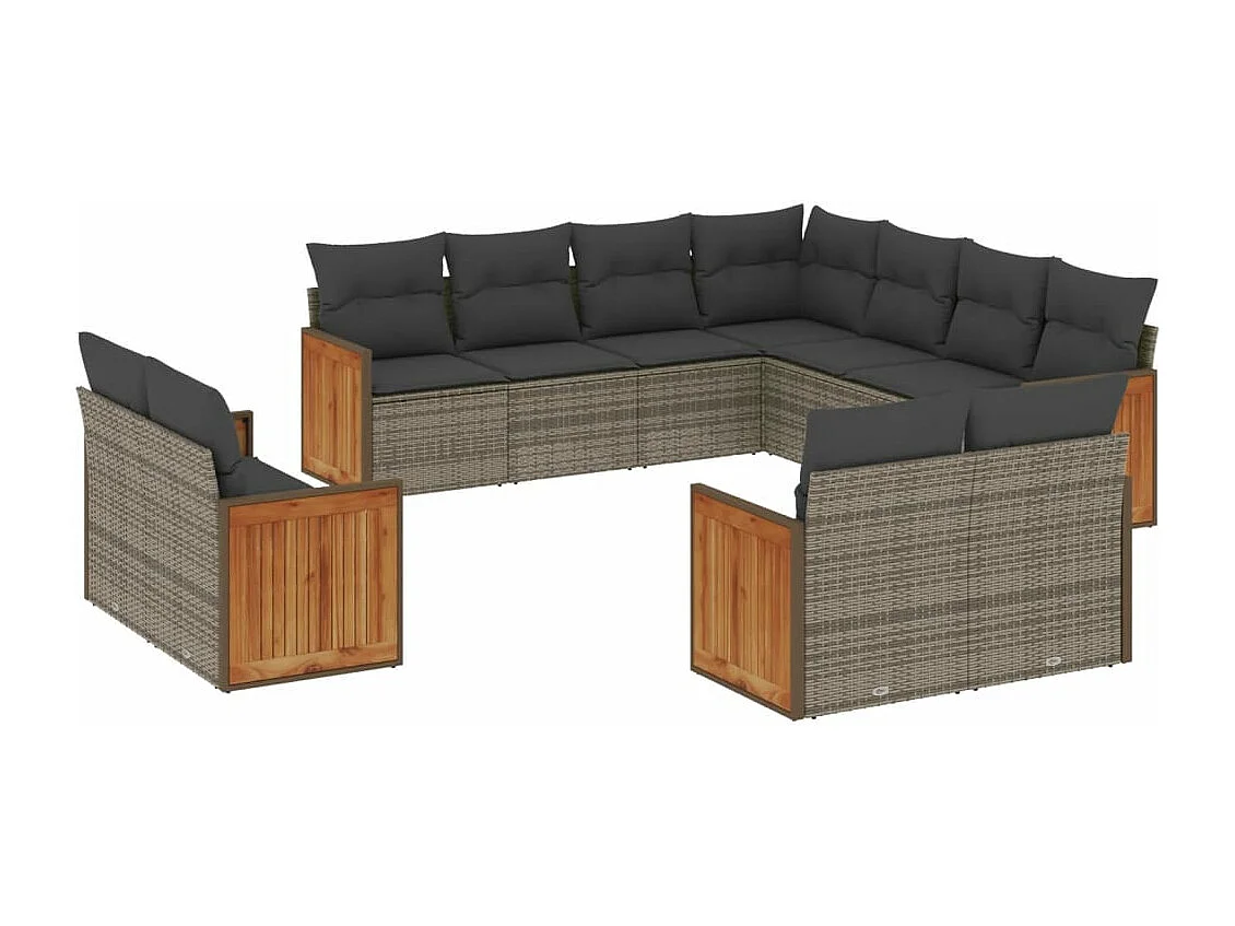 11 pcs conjunto sofás de jardim c/ almofadões vime PE cinzento