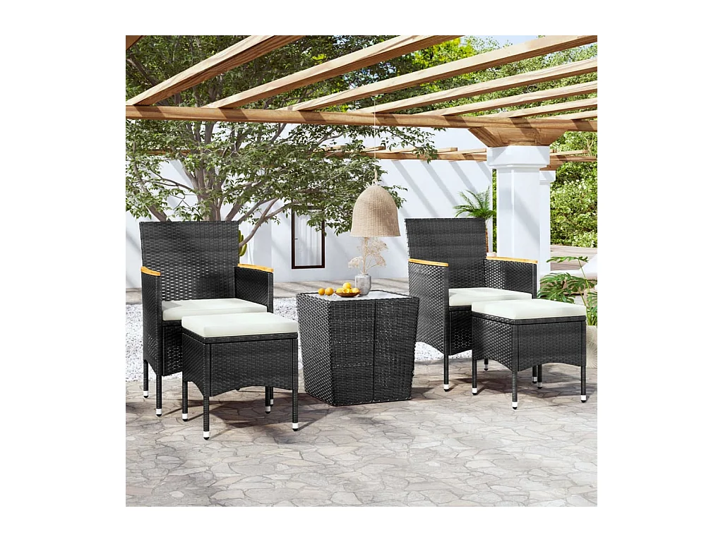 5 pcs conjunto bistrô de jardim vime PE e vidro temperado preto