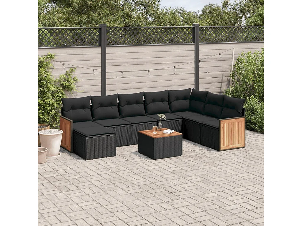 Set Divani da Giardino 9 pz con Cuscini Nero in Polyrattan