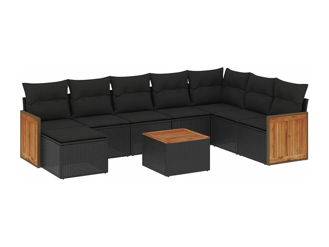 Set Divani da Giardino 9 pz con Cuscini Nero in Polyrattan