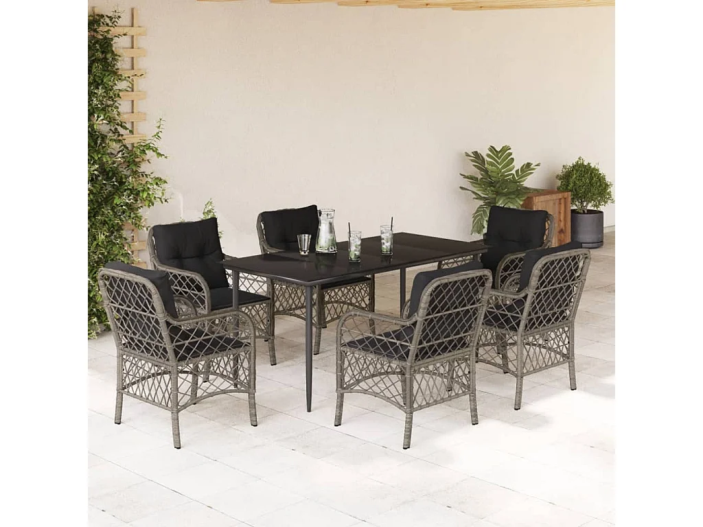 Ensemble à manger de jardin et coussins 7 pcs gris rotin