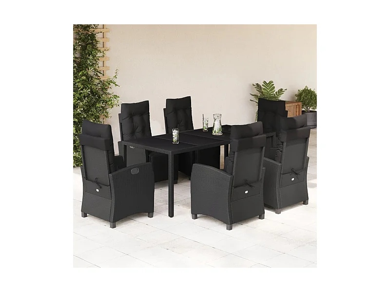 Ensemble à manger de jardin coussins 7pcs Noir Résine tressée