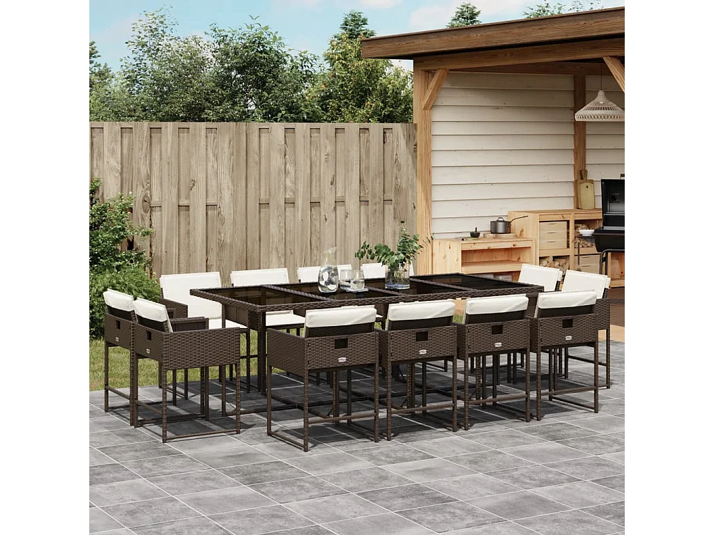 Set da Pranzo da Giardino 13pz con Cuscini Marrone Polyrattan