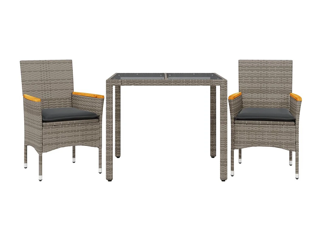 3-tlg. Garten-Essgruppe mit Kissen Grau Poly Rattan und Glas