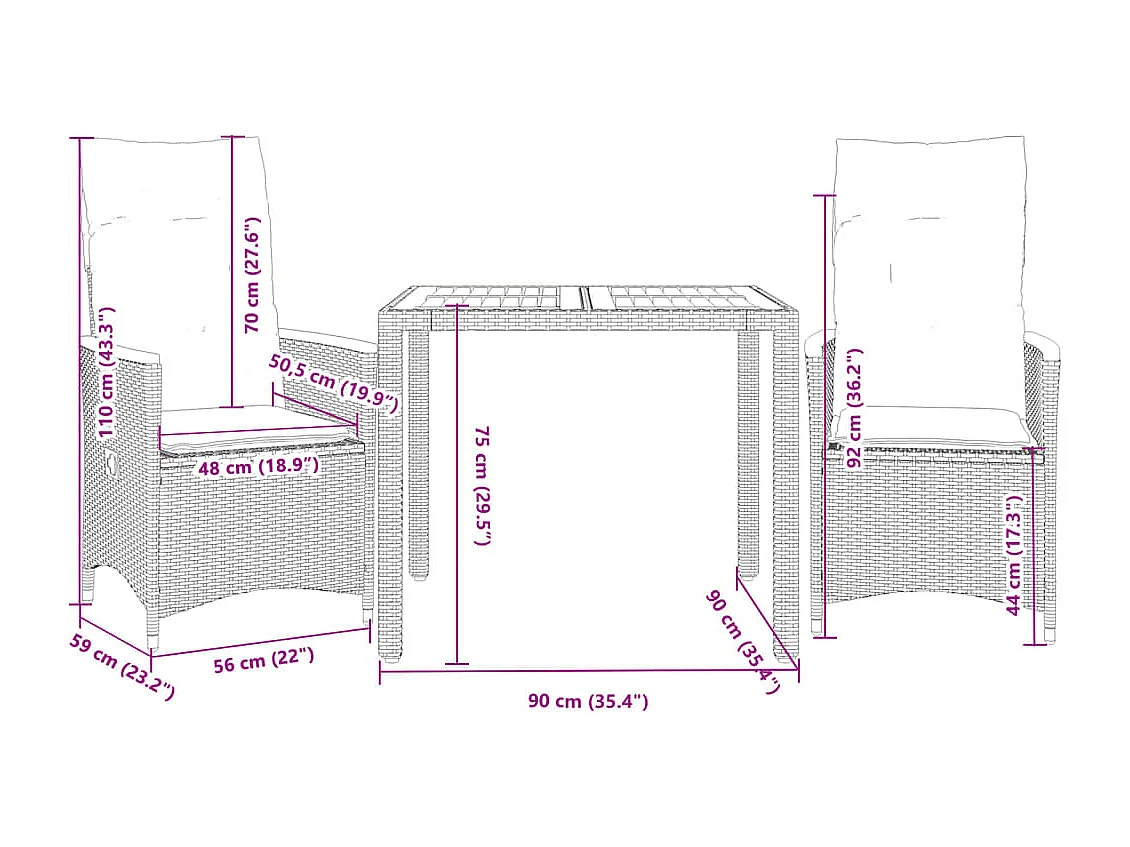 3-delige Bistroset met kussens poly rattan grijs