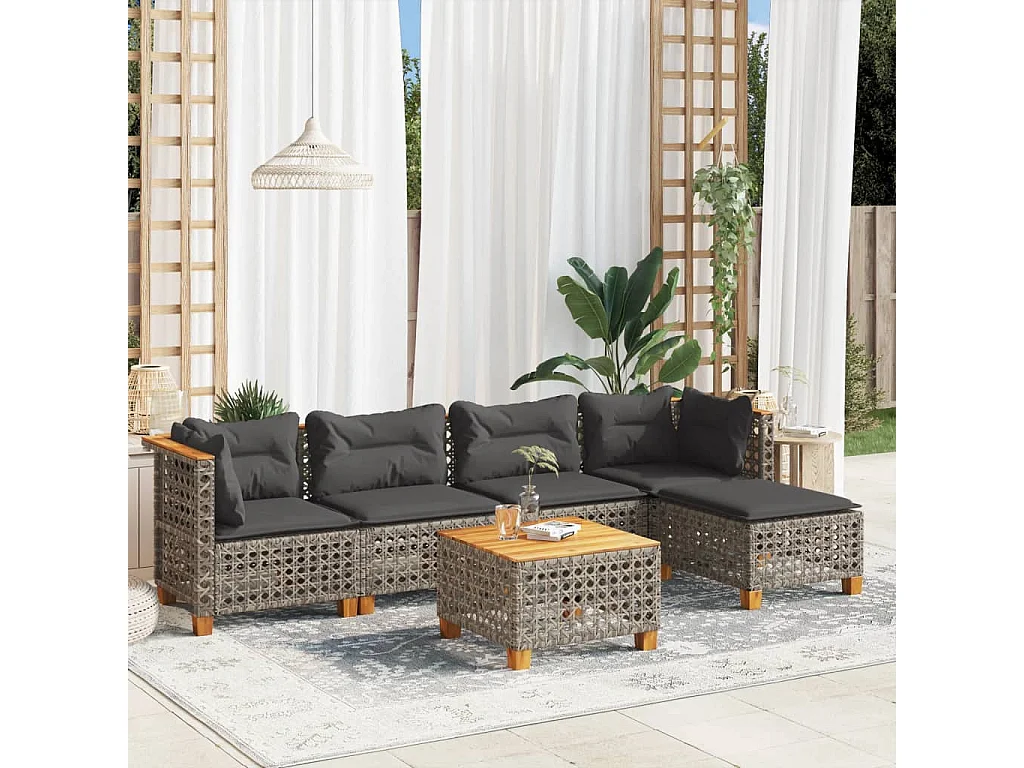6-tlg. Garten-Sofagarnitur mit Kissen Grau Poly Rattan