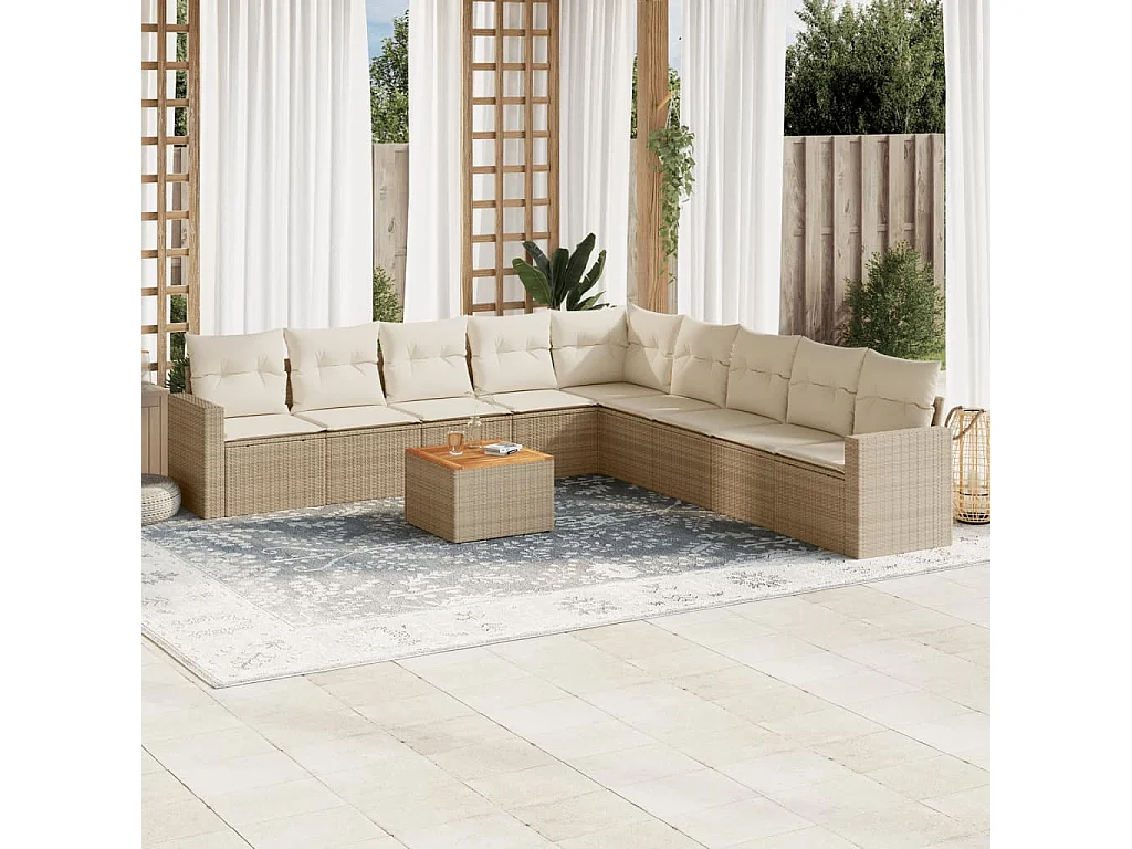 10-tlg. Garten-Sofagarnitur mit Kissen Beige Poly Rattan