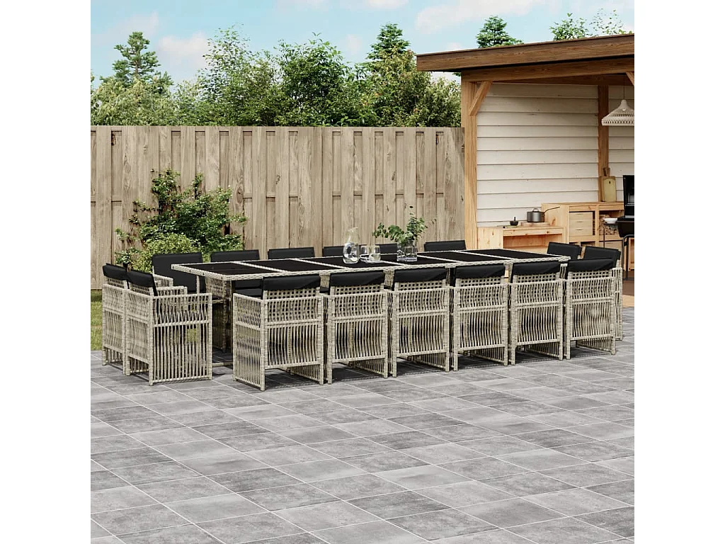 Set da Pranzo da Giardino 17pz con Cuscini Grigio in Polyrattan