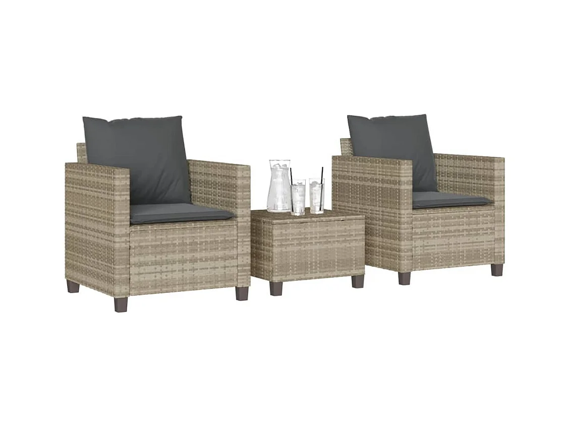 Ensemble de bistro 3 pcs et coussins gris clair résine tressée