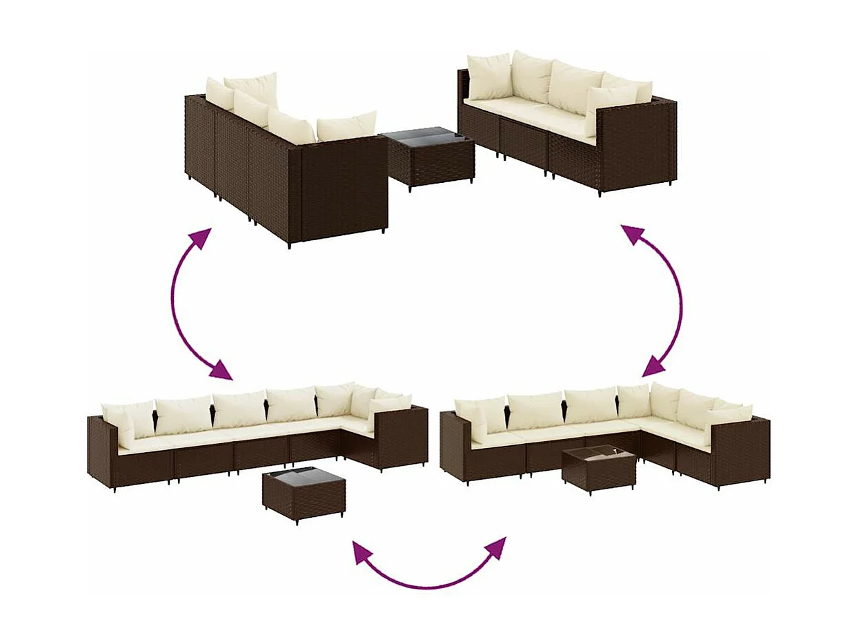 Salon de jardin avec coussins 7 pcs marron résine tressée