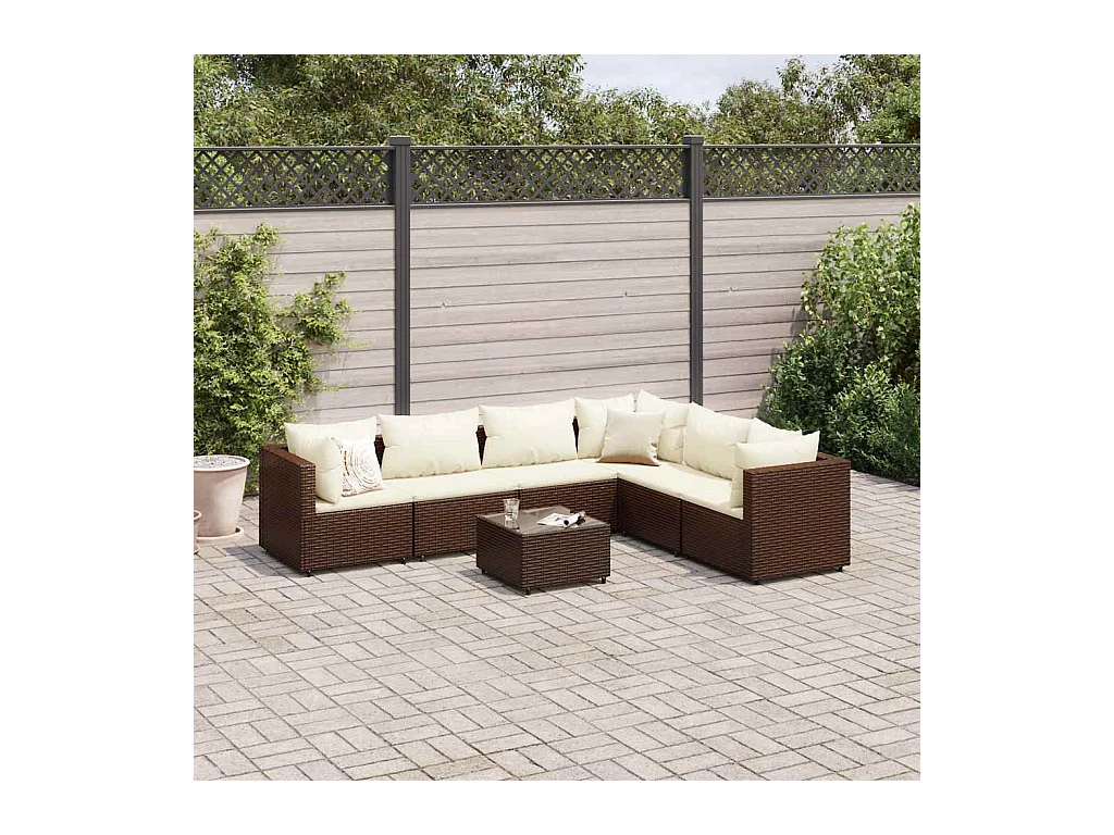 Set Divani da Giardino 7 pz con Cuscini in Polyrattan Marrone